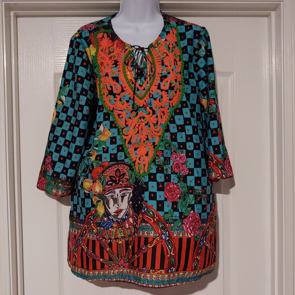 Antiza Santoris by Giacomo Cirque Vibrant Bohemian Tunic Top Fun Maximalist M